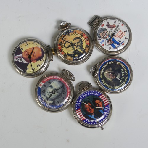 266 - A collection of six vintage novelty American Political history Pocket Watches, including 'McKinley &... 