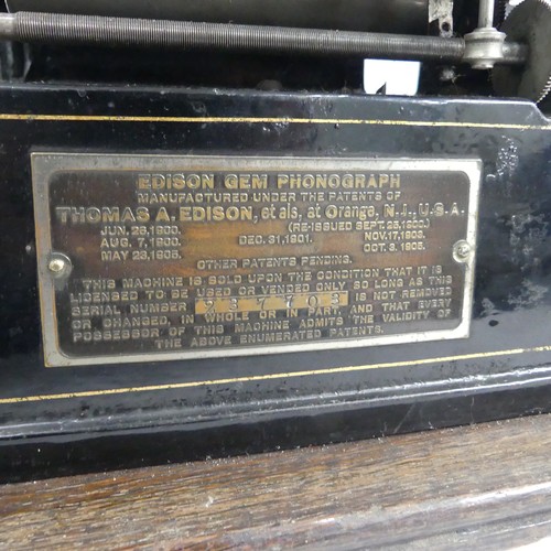 280 - Edison Gem Phonograph, serial no. 237703, with original wooden case and white metal horn, and an Edi... 