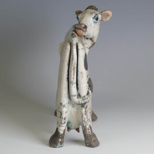 367 - Lawson E. Rudge (b. 1936), a raku fired pottery sculpture of a licking Flat Cow, spot pattern and nu... 