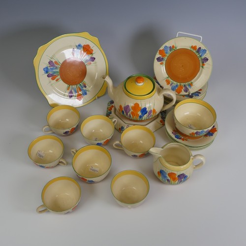 377 - A Clarice Cliff 'Crocus' pattern Tea Set, including; teapot and stand, sugar bowl, creamer jug, six ... 