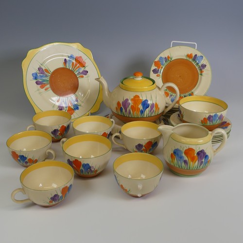 377 - A Clarice Cliff 'Crocus' pattern Tea Set, including; teapot and stand, sugar bowl, creamer jug, six ... 