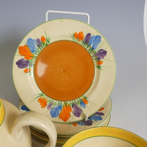 377 - A Clarice Cliff 'Crocus' pattern Tea Set, including; teapot and stand, sugar bowl, creamer jug, six ... 