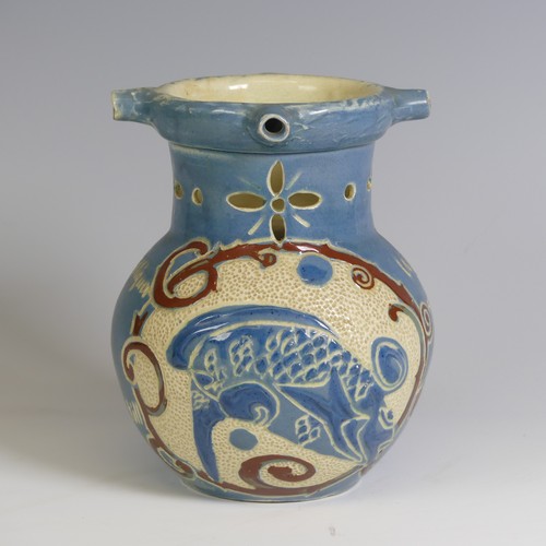 379 - A C. H. Brannam Barum pottery puzzle Jug, decorated with fish and motto, inscribed marks to base 'C.... 