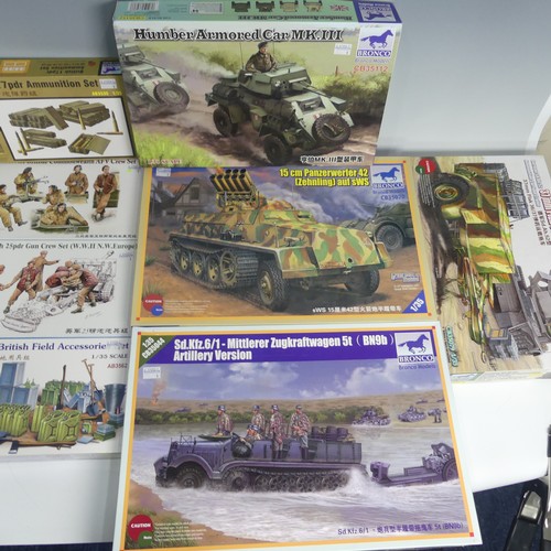 293 - Nine Bronco 1:35 Scale Plastic Military Model Kits, including CB35070 15cm Panzerwerfer 42 (Zehnling... 