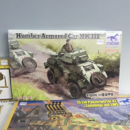 293 - Nine Bronco 1:35 Scale Plastic Military Model Kits, including CB35070 15cm Panzerwerfer 42 (Zehnling... 