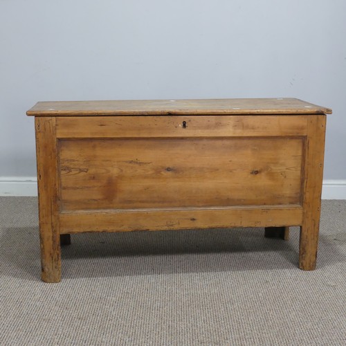 566 - A 19th century pine Coffer, raised on square supports, W 110 cm x H 63 cm x D 44.5 cm, note damage t... 