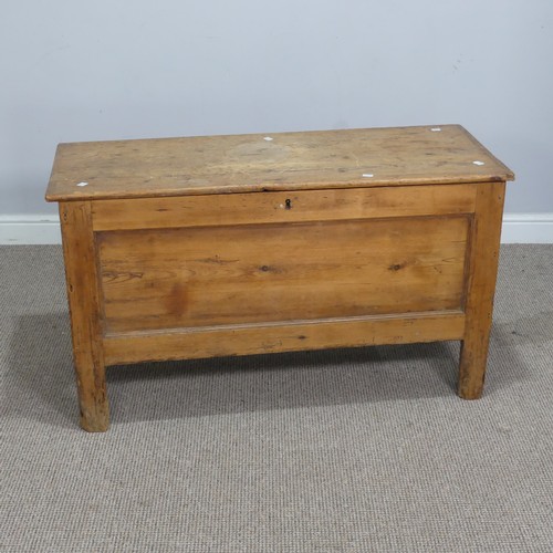 566 - A 19th century pine Coffer, raised on square supports, W 110 cm x H 63 cm x D 44.5 cm, note damage t... 