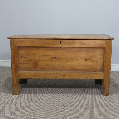 566 - A 19th century pine Coffer, raised on square supports, W 110 cm x H 63 cm x D 44.5 cm, note damage t... 