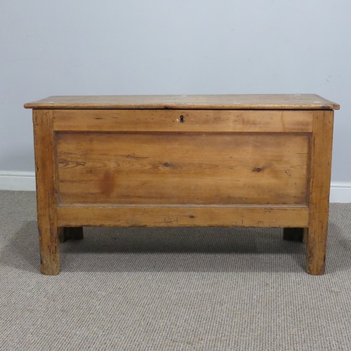 566 - A 19th century pine Coffer, raised on square supports, W 110 cm x H 63 cm x D 44.5 cm, note damage t... 