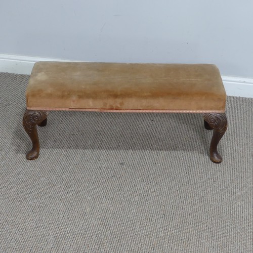 565 - A large antique upholstered Stool, raised on four bulbous turned supports, W 130 cm x H 44 cm x D 68... 