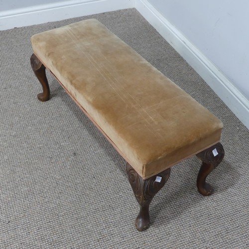 565 - A large antique upholstered Stool, raised on four bulbous turned supports, W 130 cm x H 44 cm x D 68... 