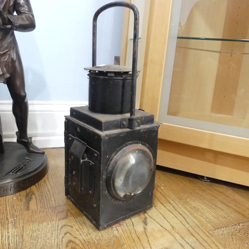 233 - Railwayana; a BW (R) two-sided Railway Lamp, having original bulls eye lens, carry handle, and burne... 