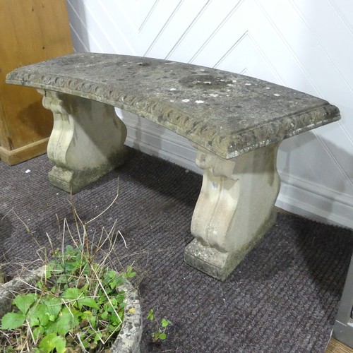 695 - Garden statuary, reconstituted stone: a curved garden bench, together with three pots, two glazed po... 