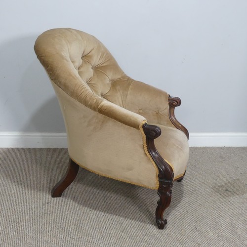 569 - A Victorian mahogany upholstered button-back Armchair, with scrolled armrests and supports, W 62 cm ... 