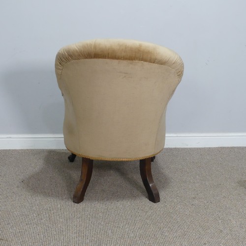 569 - A Victorian mahogany upholstered button-back Armchair, with scrolled armrests and supports, W 62 cm ... 