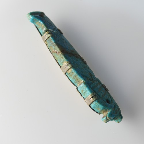 500 - An Egyptian blue faience 'Son of Horus' Amulet, later modified into a brooch, cracked, H 7 cm, Prove... 