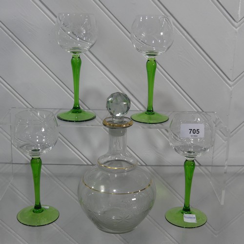 705 - A set of four early 20th century green-stemmed engraved Hock Glasses, H19cm, together with a small d... 