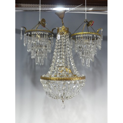 699 - An antique gilt metal lustre Chandelier, with cut glass drops, W 35 cm, together with three complime... 