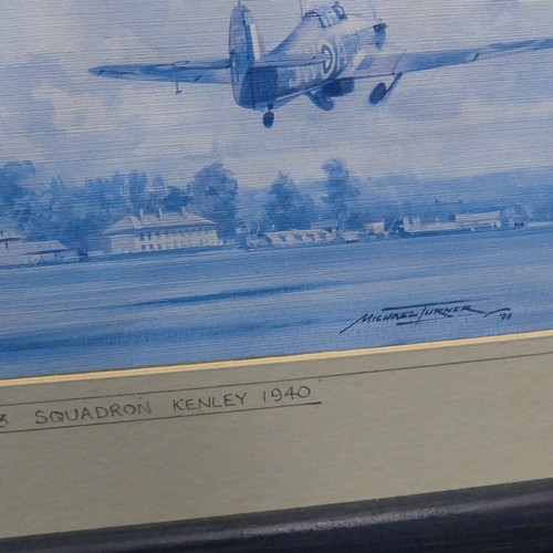 214 - A WW2 Print by Michael Turner, of '253 Squadron Kenley 1940', signed, 28.5 cm x 40 cm, together with... 