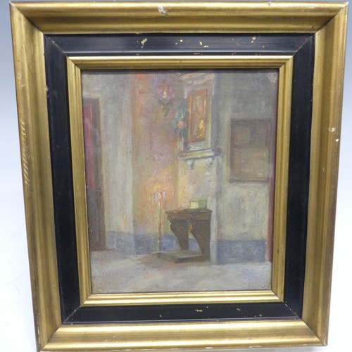 696 - A 20th century School oil on board interior scene, framed and glazed, 20cm x 17cm, together with a l... 