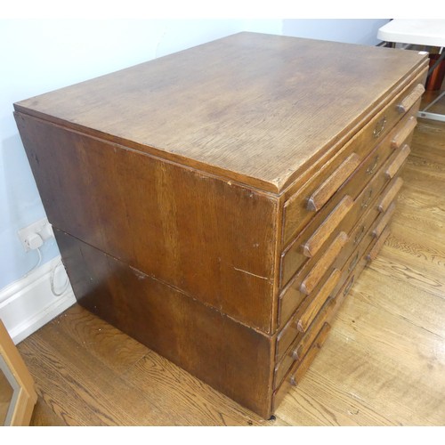 704 - A mid-20th century oak plan Chest, with six drawers and moulded handles, in two sections, W 115 cm x... 