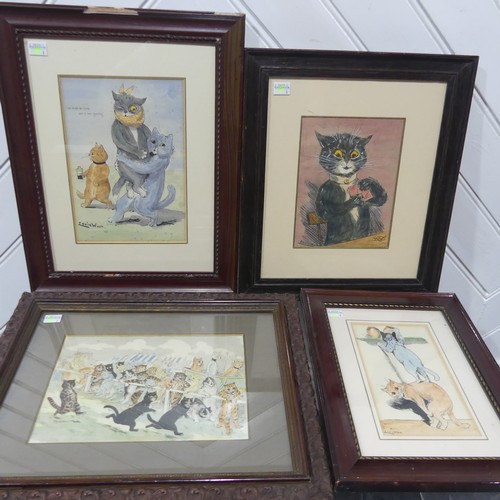 255 - Louis Wain (1860-1939), a collection of eleven vintage hand-coloured humorous 'cat' prints, all fram... 