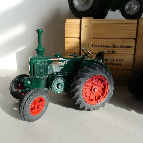 313 - Three Collectable Toys Factory SARL 1:16 scale Tractors, comprising a green Field Marshall in wooden... 