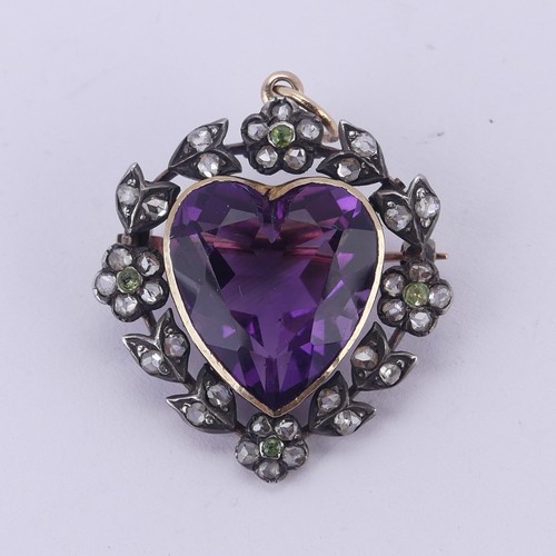  An Edwardian heart shaped Pendant / Brooch, in the Suffragette colours with central facetted heart s... 