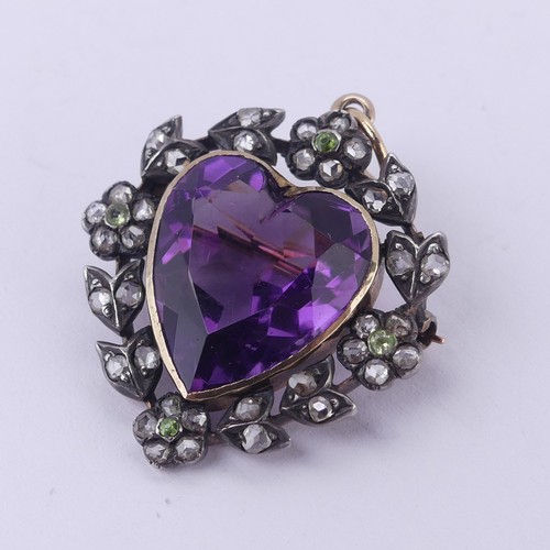  An Edwardian heart shaped Pendant / Brooch, in the Suffragette colours with central facetted heart s... 