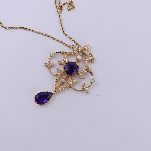  An Edwardian 15ct yellow gold, amethyst and seed pearl Pendant, in the Art Nouveau style, the revers... 