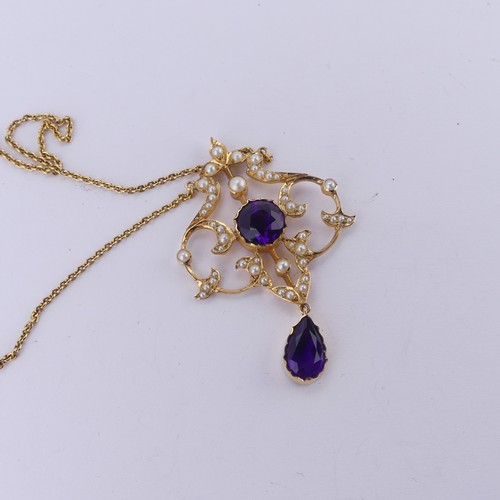  An Edwardian 15ct yellow gold, amethyst and seed pearl Pendant, in the Art Nouveau style, the revers... 