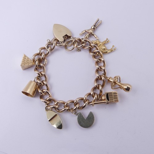  A 9ct yellow gold curb link Bracelet, with 9ct gold padlock clasp, eight charms suspended; one marke... 