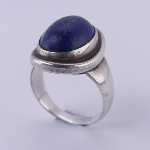 240 - Georg Jensen; A silver and lapis lazuli Ring, designed by Harald Nielsen, no. 46A, with London impor... 