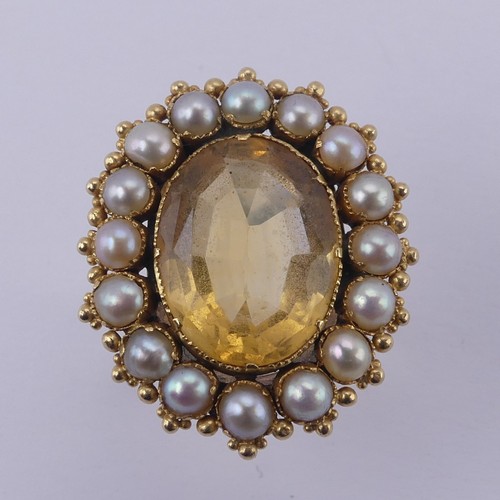 135 - An antique citrine and half pearl Cluster Ring, formed from a brooch, on a 9ct gold ring mount, the ... 