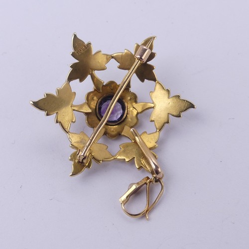 222 - An Edwardian amethyst and seed pearl Pendant / Brooch, in the form of an open star, with seed pearl ... 