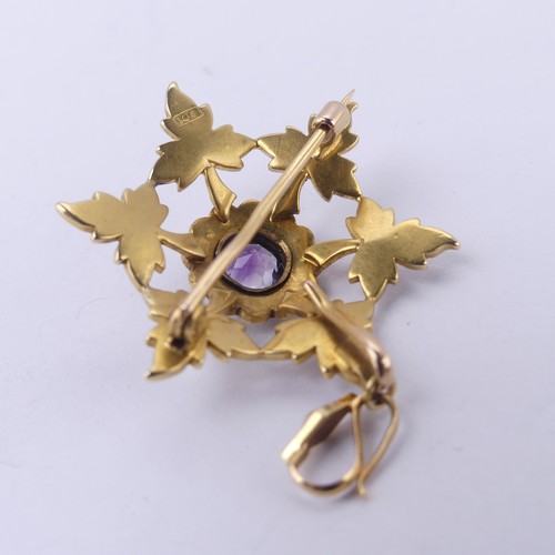 222 - An Edwardian amethyst and seed pearl Pendant / Brooch, in the form of an open star, with seed pearl ... 