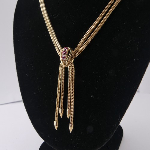 185 - A smart 9ct yellow gold Necklace, formed of a double snakelink chain crossing at the front, secured ... 