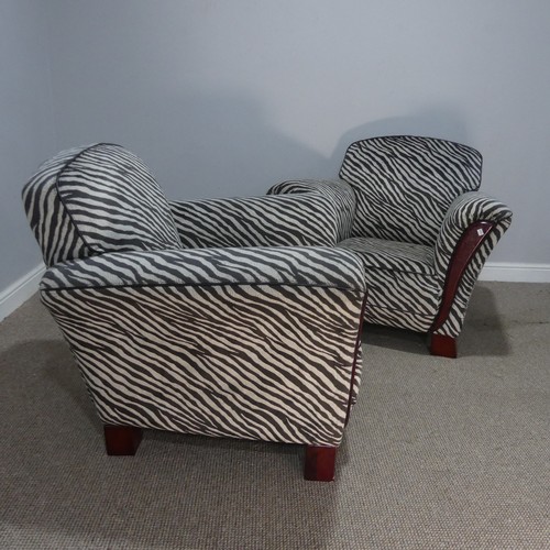 551 - A pair of Art Deco style upholstered Armchairs, with zebra pattern faux fur upholstery, W 98 cm x H ... 