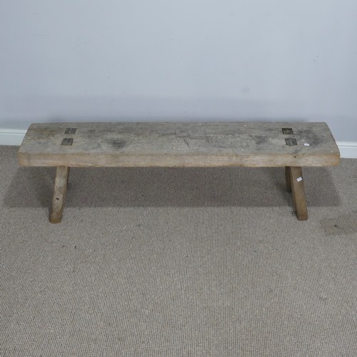 572 - An antique rustic oak Bench, of joint construction, W 158 cm x H 42 cm x D 37 cm, together with a sm... 