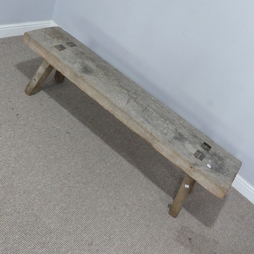 572 - An antique rustic oak Bench, of joint construction, W 158 cm x H 42 cm x D 37 cm, together with a sm... 