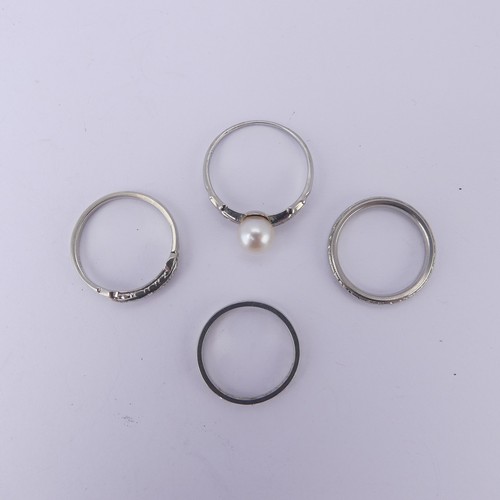 144 - Four 18ct white gold Rings; one set single cultured pearl with diamond points, Size M, one with five... 