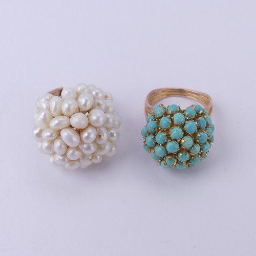 145 - A vintage turquoise cluster Ring, of bombé form, with a five strand wirework shank of alterna... 