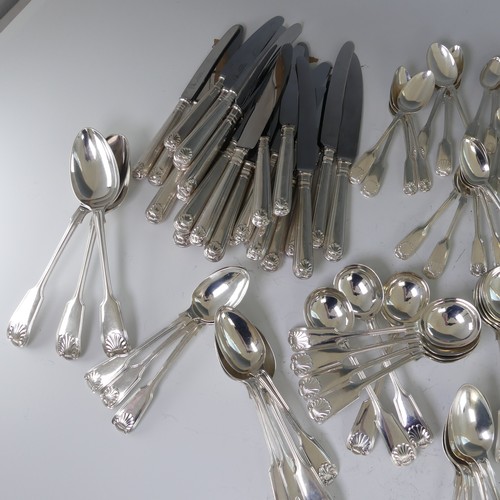 37 - A matched Canteen of silver fiddle, thread and shell Cutlery, including a six place setting by Atkin... 