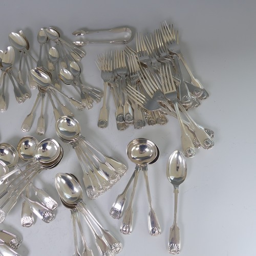 37 - A matched Canteen of silver fiddle, thread and shell Cutlery, including a six place setting by Atkin... 