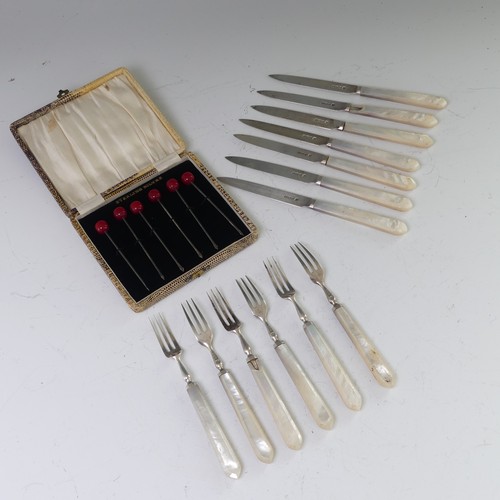 53 - A cased set of six sterling silver Cocktail Sticks, with red bakelite 'cherry' finials, together wit... 