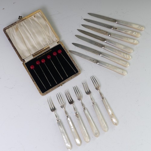 53 - A cased set of six sterling silver Cocktail Sticks, with red bakelite 'cherry' finials, together wit... 