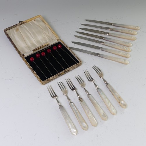 53 - A cased set of six sterling silver Cocktail Sticks, with red bakelite 'cherry' finials, together wit... 