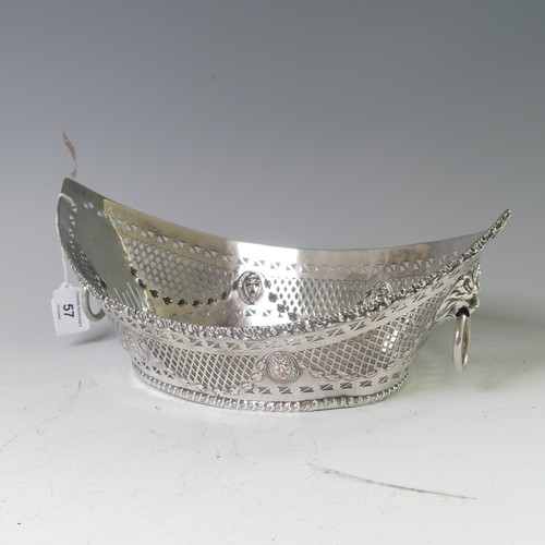 57 - A 19thC silver plated Bread Basket, of navette form with lattice pierced and swag decoration, lion m... 