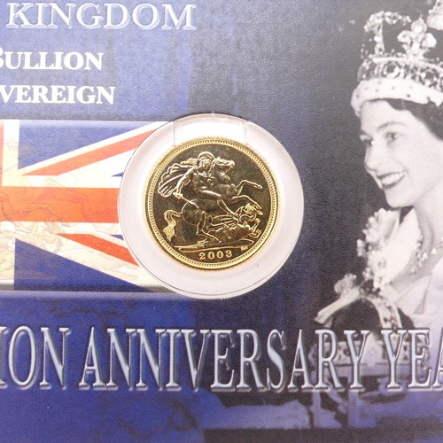 289 - An Elizabeth II gold bullion Half Sovereign, dated 2003, in Royal Mint carded blister pack.... 