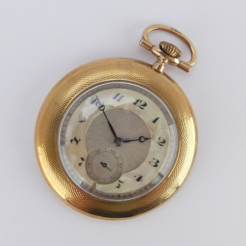 79 - A Continental 9ct yellow gold open face Pocket Watch, the mother of pearl dial with Arabic numerals,... 